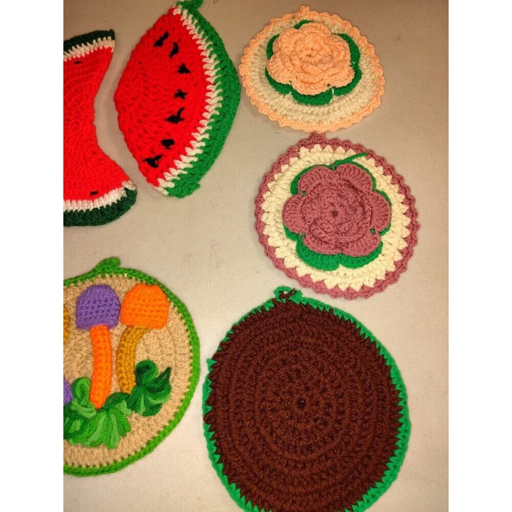 Vintage Crochet Potholder Lot (9) - Handmade Fruit, Mushroom & Floral Trivets